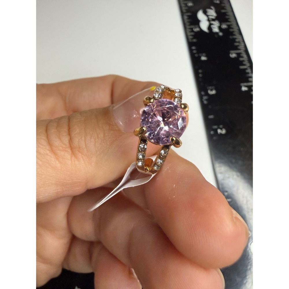 Gold Tone Lavender Purple Round Stone Ring Size 7 Crystal Accents